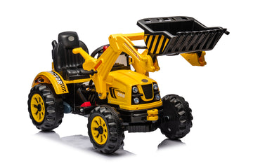 Ride on Excavator, 12V Battery Powered Construction Vehicles for Kids, Front Loader with Horn, 2 Speeds, Forward/Backward, Safety Belt,Treaded Wheels, Digger, Yellow Ride on Car