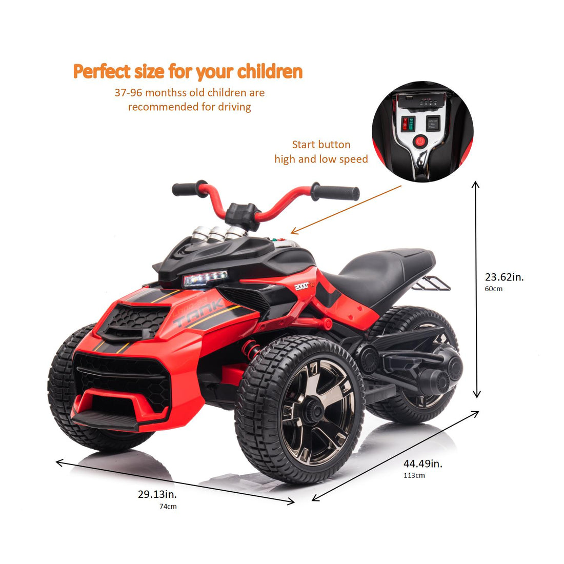 24V Kids Ride On ATV, 3 Wheeler Electric Vehicle, Battery Powered Ride on Motorcycle for Boys Girls with LED Lights, Music, High Low Speed, Soft Start,without RC