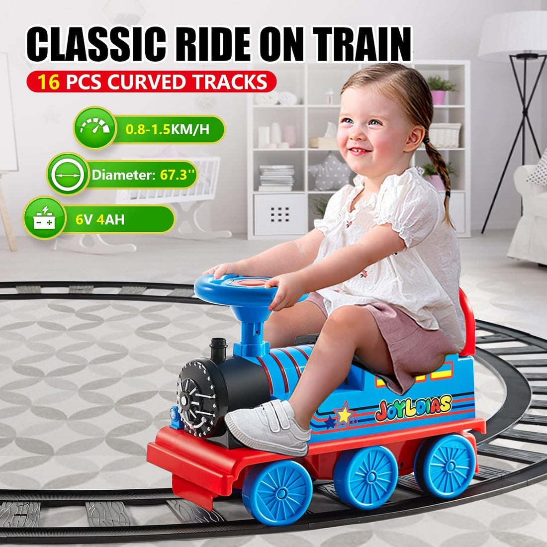 Ride On Train with 16pcs Curved Tracks, 6V Electric Ride On Toy Trains with Lights, Horns, Storage, Retractable Foot Pedals, Gift for Toddlers Under 39 inches, Blue