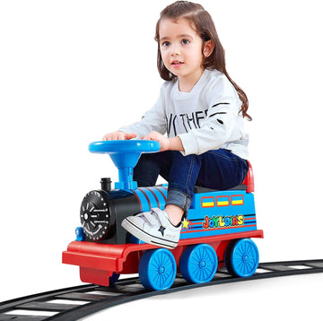 Ride On Train with 16pcs Curved Tracks, 6V Electric Ride On Toy Trains with Lights, Horns, Storage, Retractable Foot Pedals, Gift for Toddlers Under 39 inches, Blue